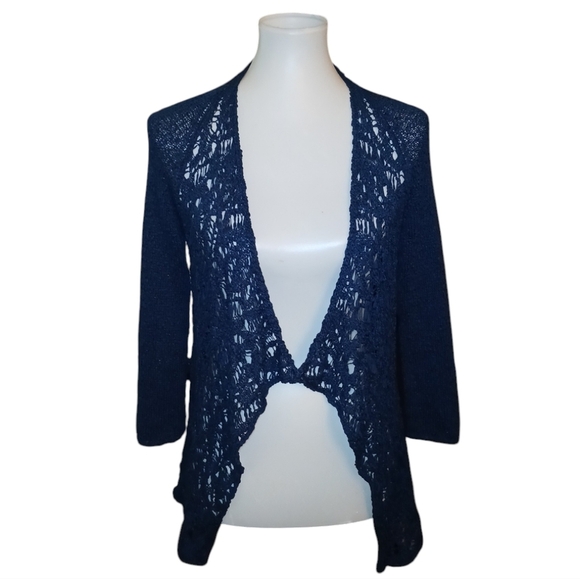 D Exterior Crocheted Knit Cardigan Navy Blue Draped Italian Cardigan Sweater - Picture 1 of 10